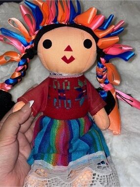 Handmade Multicolor Ribbon Folk Rag Doll - Vibrant Rainbow Dress